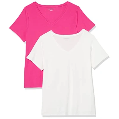 Immagine di Amazon Essentials T Shirt a Maniche Corte con Scollo V, Taglie Forti Donna, Pacco da 2, Bianco/Rosa Scuro, 4XL Plus