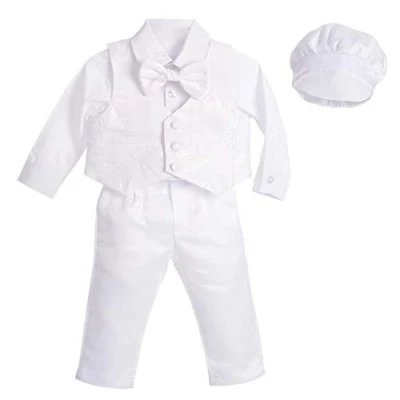 Immagine di Lito Angels Completo Abito Bianco da Battesimo per Bimbo, 5 Pezzi Set (Gilet, Camicia, Pantaloni, Papillon e Cappello), Taglia 3 6 Mesi, Manica Lunga, Floreale (Etichetta in Tessuto XS)