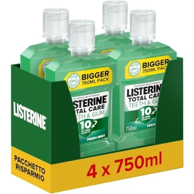 Immagine di LISTERINE Total Care Denti e Gengive, Collutorio al gusto di Menta Fresca, Con Fluoro 10 benefici in 1 per una protezione completa gengive più sane due settimane, Confezione da 4 x 750 ml