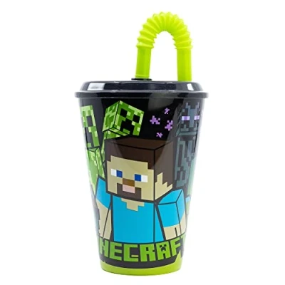 Immagine di Bicchiere in plastica Mojang Minecraft per bambini da 430 ml, senza BPA, riutilizzabile e lavabile, con cannuccia coperchio