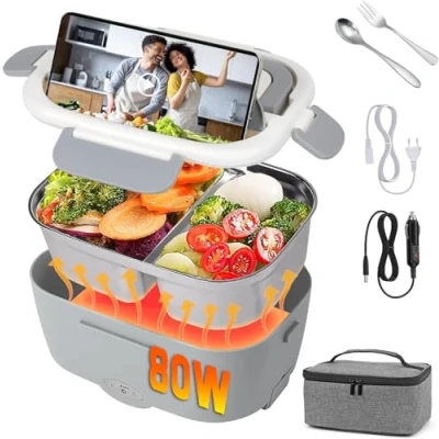 Immagine di Scaldavivande Elettrico Portatile 75W Lunch Box 12V 24V 220 1,5L Contenitore Portavivande con Acciaio Inox Forchetta e Cucchiaio Scaldapranzo per Auto Casa (E)