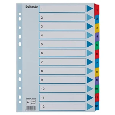 Immagine di Esselte Rubrica con Tasti 1 12, Formato A4, e Banda Perforata Rinforzo in Plastica Mylar, Cartoncino Robusto, Blu, 12 Pagina Indice, 100162