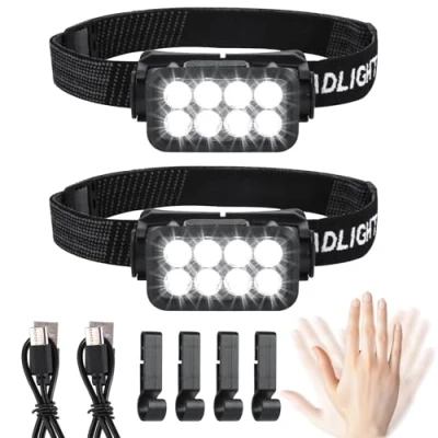 Immagine di Lampada frontale a LED, ricaricabile, 2 pezzi, super luminosa, 2500 lumen, 5 modalità di luce, leggera, IPX6, impermeabile, con sensore leggero, per esterni, campeggio, corsa, pesca, bambini e