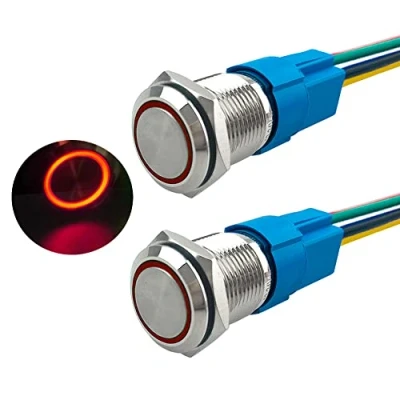 Immagine di Aiqeer 2 Pezzi 16 mm Interruttore a Pulsante Momentaneo, 12V / 24V 5A di Accensione per Auto, in Metallo con Presa Precablata (LED Rosso)