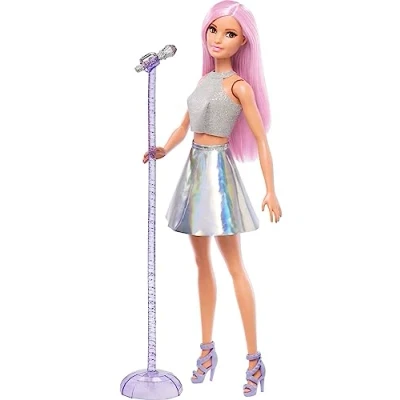 Immagine di Barbie Carriere Pop Star con Microfono, Bambola Capelli Rosa e Abiti Argento, Giocattolo per bambini 3+ Anni, FXN98