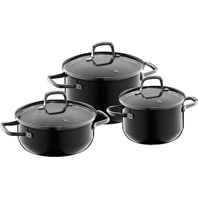 Immagine di WMF Fusiontec Essential set di pentole a induzione, 3 pezzi, con coperchio in vetro, ceramica high tech, antigraffio, non rivestite, nero, made Germany