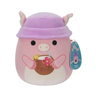 Immagine di Squishmallows SQCR05382 la Vache Rose Peter il maialino rosa con bevanda tropicale e cappello a secchiello, 19 cm, multicolore