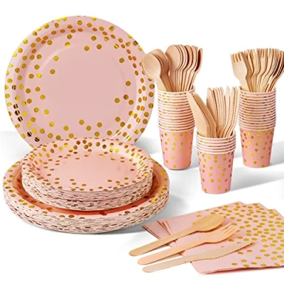 Immagine di Nkaiso Oro Rosso Stoviglie per Feste 140 Pezzi Carta Set Include Piatti di Tovaglioli Tazze stoviglie, Nuziale Doccia, Fidanzamento, Matrimonio, Compleanno(20 Ospiti)
