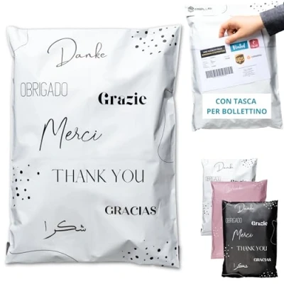Immagine di 50 Buste per Spedizioni Vinted con bollettino di consegna Taglia L 40x30cm NON TRASPARENTI/ULTRA RESISTENTI Sacchetti Spedizione in Plastica Pochette Postali Grazie