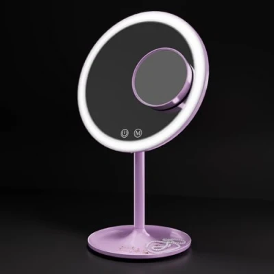 Immagine di EMKE® specchio cosmetico viola con illuminazione, 3 colori di luce, dimmerabile, 1 X / illuminato, girevole a 90 + LED ricaricabile USB, da tavolo Macaron per trucco e