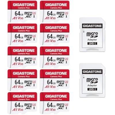 Immagine di Gigastone Micro SD 64 GB, Camera Plus Serie, Set da 10, A1 U1 C10 UHS 1, Per GoPro Fotocamera Videocamera, Velocità Fino a 95/35 MB/Sec(R/W), con Adattatore Scheda