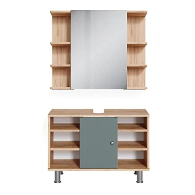 Immagine di Vicco set mobili bagno Fynn, Verde/Quercia dorata, 2 parti, mobile base 80 cm