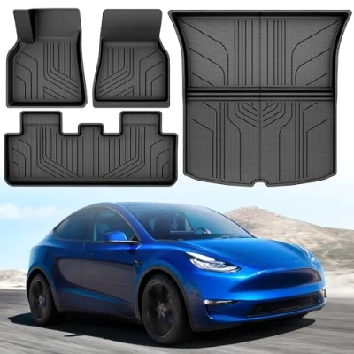 Immagine di YITAHOME Tesla Model Y Tappetini per tutte le stagioni, antiscivolo, ad alta parete, impermeabili, in gomma 3D, compatibili con modello 2024 2023 2022 2021 2020 (4 pezzi)