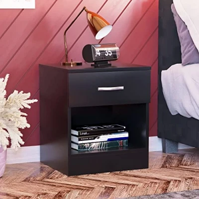 Immagine di Vida Designs comodino con 1 cassetto, maniglia e guide in metallo, Nero