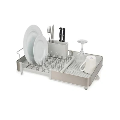 Immagine di Joseph Extend, scolapiatti espandibile in acciaio con portaposate rimovibile, beccuccio di drenaggio girevole, Beige/Acciaio