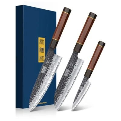 Immagine di HOSHANHO Set Coltelli da Cucina Giapponese Forgiato a Mano 3 Pezzi in Acciaio Inox, Coltello Chef 20 cm Santoku 18 per Frutta 9,5