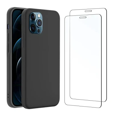 Immagine di NEW&#039;C Cover per iPhone 12 Pro Max in silicone custodia ultra sottile nero e 2x vetro temperato Max, pellicola protettiva schermo
