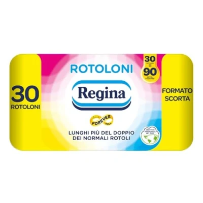 Immagine di Rotoloni Regina 30 Maxi Rotoli di Carta Igienica, 500 Fogli a 2 Veli, Lunghi Più del Doppio dei Normali Rotoli, Confezione 50% in Plastica Riciclata, 100% Certificata FSC