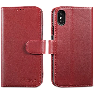 Immagine di Lensun Cover per iPhone X/XS, iPhoen 10 Custodia in Vera Pelle [RFID Blocking] Libro con Portafoglio Chiusura Magnetico Flip Custodie Cuoio Telefono X/XS Vino Rosso