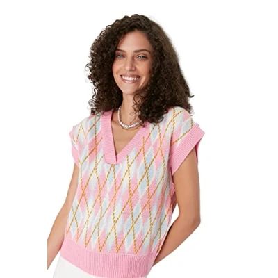 Immagine di Trendyol Maglia da Donna con Scollo a V Standard Regolare Maglione, Rosa