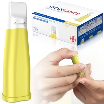 Immagine di AIESI® Lancette pungidito per glicemia monouso sterili con sistema di sicurezza e punta in acciaio inox retrattile ago 30G SECURLANCE (Confezione da 100 pezzi)