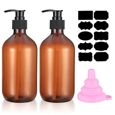 Immagine di 2 Pezzi Bottiglie Vuote Pompa a Pressione, 500 ml Dispenser Contenitore di Sapone Plastica, Flacone Dosatore Vuoti per Shampoo Lozioni Bagno Cucina, con Etichetta Imbuto Marrone