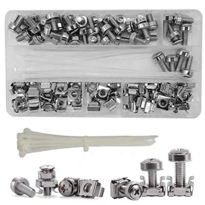 Immagine di Set di 100 Pezzi (40 Sets) M6 x 16/20mm Dadi a Gabbia Viti e Rondelle Montaggio Rack per Armadi Scaffali Server Router(Argento)