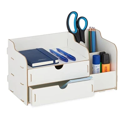 Immagine di Relaxdays Portadocumenti da Scrivania, 3 Scomparti 2 Cassetti, Portapenne HLP: 17x33x19 cm, Ufficio e Scuola, Bianco