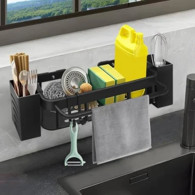 Immagine di Yicaam Acciaio inox Cucina Organizzatore per Lavello da Appendere, Senza Foratura Porta spugna con 2 Portabacchette e Ganci, Portaoggetti Asciugamani