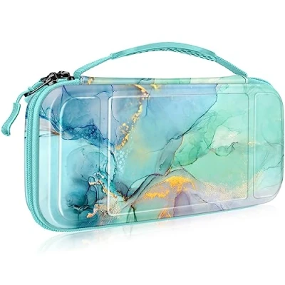 Immagine di FINTIE Custodia per Nintendo Switch Modello OLED 7.0&quot; / 6.2&quot; [Antiurto] Portatile di Borsa con 10 Titolari Schede Gioco &amp; Tasca Interna Console Accessori, Emerald Marble