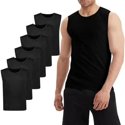 Immagine di LiKing Pacco da 6 Canotta Uomo,100% Cotone,Tank Top Sportive Allenamento Canotte Elasticizzato Stringer Vest,Senza Maniche,con Scollo Rotondo,Casual estive Smanicato Uomo Noir L