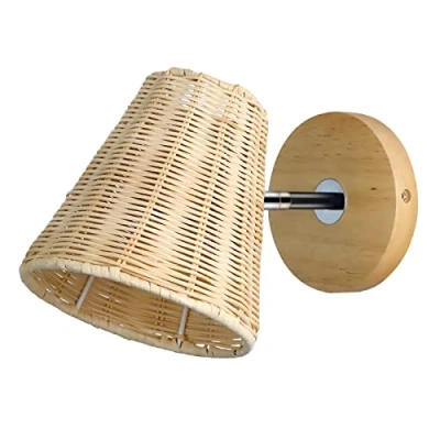 Immagine di Schindora Luce a muro,paralume Rattan mano con lampada base di legno Sconce da parete per camera letto, soggiorno, balcone, passaggio (lampadina non è incluso)