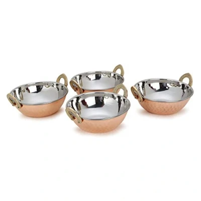 Immagine di Zap Impex Ciotola da portata indiana in rame e acciaio inossidabile martellato Karahi piatti indiani porzione di curry (13 cm) Set 4, argento, 1211