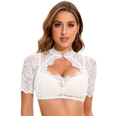 Immagine di Adisno Dirndl Bluse, Camicia Donna, Bavarese Donna,Dirndl Blouse,Bianco,42