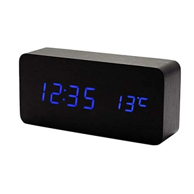Immagine di Lancoon Orologio Digitale In Legno Sveglia A Led Multifunzione Con Indicazione Di Ora/Data/Temperatura E Controllo Vocale Per I Viaggi Ufficio AC11Black_Blue