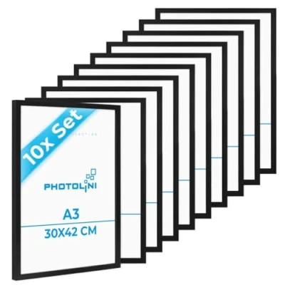 Immagine di PHOTOLINI cornici A3 30x42 cm nero legno MDF, set di 10 per poster, plexiglass infrangibile, da parete, accessori extra inclusi foto, immagini e poster