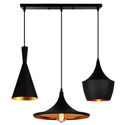 Immagine di Lampada a Sospensione Moderno Industriale da Soffitto E27 Vintage Illuminazione Plafoniera Paralume in Alluminio 60W Design Camera letto Cucina, Nero&amp;Oro (3 lampade con barra)