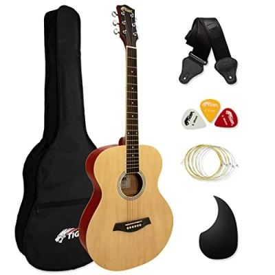 Immagine di TIGER ACG2 NT Chitarra acustica full size 4/4 con corde in acciaio per principianti La confezione include custodia, tracolla, piastra antigraffio e di ricambio Naturale