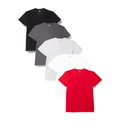 Immagine di Lower East Maglietta con scollo a V, Uomo, Bianco/grigio mélange/ferro battuto/nero/rosso (confezione da 5), L