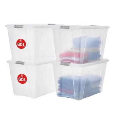 Immagine di Iris Ohyama, Lotto di 4 scatole portaoggetti in plastica con coperchio, Grandi impilabili, 60 L, senza BPA, Lavanderia, Ufficio, Trasparente/Maniglie Argento, L39,5 x P58