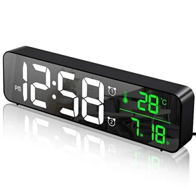 Immagine di MOSUO Sveglia Digitale da Comodino, Orologio Parete con LED Temperatura Data, 10&#039;&#039; Specchio Grande Schermo USB Clock, 2 Allarme 40 Musica 6 Luminosità di Regolabile 4 Volumi, Nero