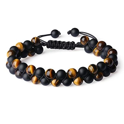 Immagine di COAI Bracciale Unisex Doppio Strato con Perle in Onice Opaca e Occhio di Tigre Marrone, Regolabile Pietre Alternate