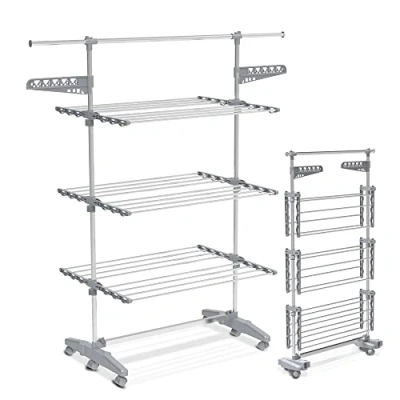 Immagine di VOUNOT Stendino Verticale in Acciaio Inox, Stendibiancheria Pieghevole con 3 Ripiani Regolabili e 6 Ruote, Grigio