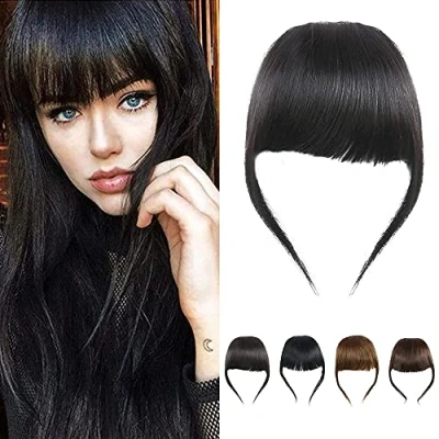 Immagine di Clip In Frangia per Capelli Spessi Umani Estensione Veri Non Trattata, Colore Nero Naturale