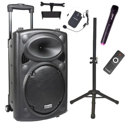 Immagine di DYNASONIC DYNAPRO 12 Plus (pack treppiede di 3ª Gen) altoparlante Bluetooth portatile professionale, potente da 700 W, 2 microfoni karaoke, supporto tablet e UHF