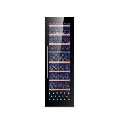Immagine di BODEGA43 100 Grande Cantinetta vino da incasso, con 2 zone di temperatura, bottiglie, basso consumo energetico 161 kWh/anno, raffreddamento a compressore e 7 ripiani scorrevoli in legno betulla