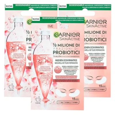 Immagine di Garnier SkinActive Maschera Occhi Riparatrice 1/2 Milione di Frazioni Probiotici Per Tutti Tipi Pelle Minimizza Rughe Sottili in Tessuto Biodegradabile 3 Confezioni da 1 Applicazione