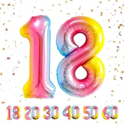 Immagine di Palloncini Compleanno 18 anni Arcobaleno 101 CM Palloncino Numero Gonfiabile in Foil Decorazioni di un uomo donna Vola con l&#039;Elio
