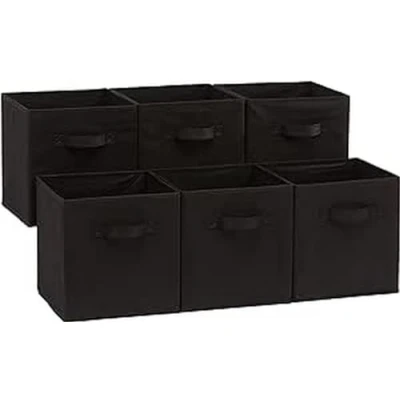Immagine di Amazon Basics Cubo/organizer portaoggetti pieghevole in tessuto, con maniglia, 26.67 x 27.94 cm, (confezione da 6), Nero, Tinta Unita