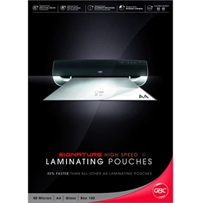 Immagine di GBC HighSpeed Pouch Confezione da 100 Buste per Plastificazione a Caldo, con Finitura Lucida, in Formato A4 Lato Lungo, Spessore di 2 x 80 Micron, 216 303 mm, IB049033
